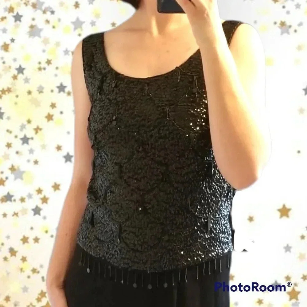 Vintage The Broadway Mermaid Beading Sequin Top + M + Black